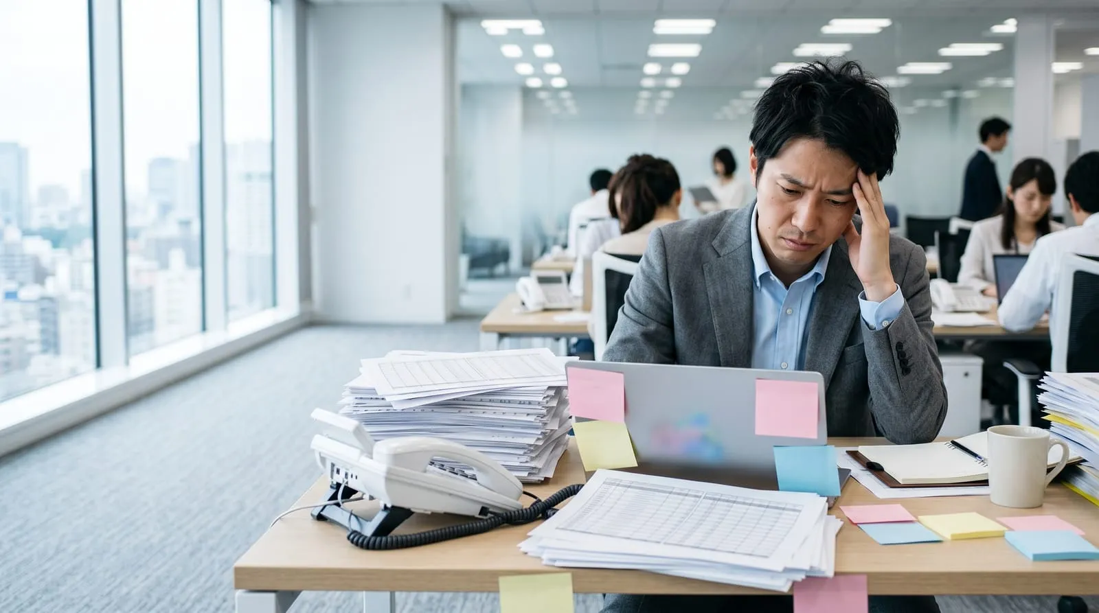 書類の山と付箋に囲まれ、固定電話の前で頭を抱える営業担当者