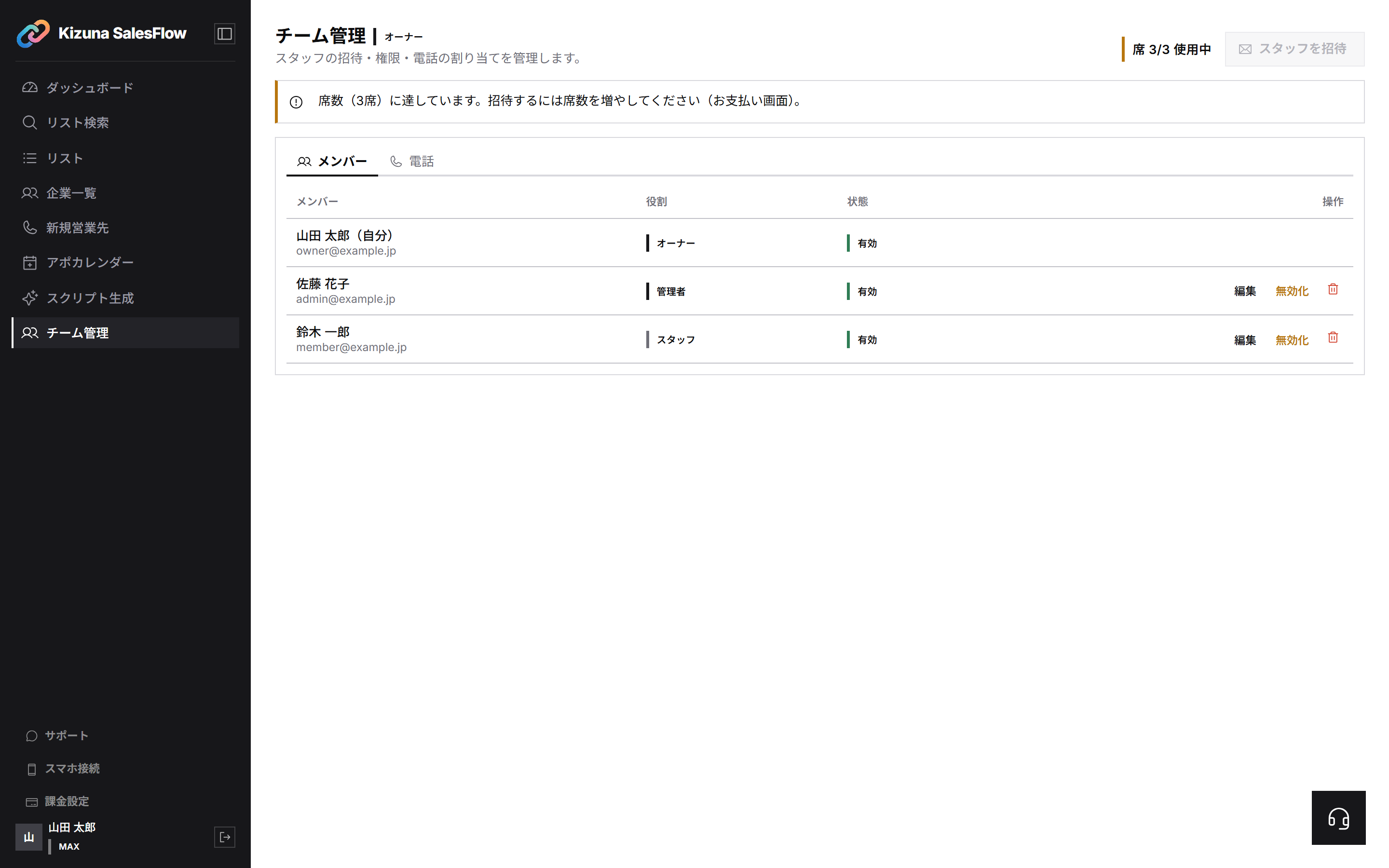 チーム管理画面。メンバー一覧と席の使用状況が表示されている